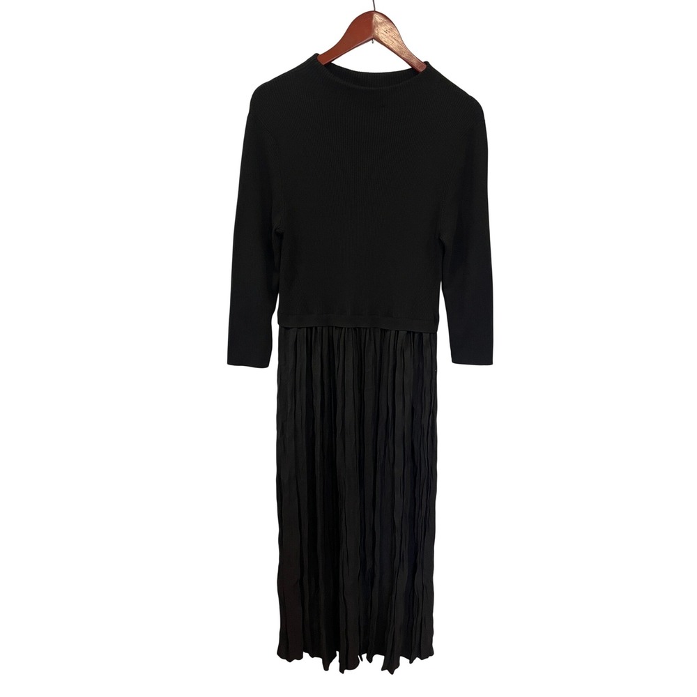 NWT Nic + Zoe Kira Long Sleeve Knit & Woven Pleated Maxi Dress Black Onyx  L - Picture 2 of 11